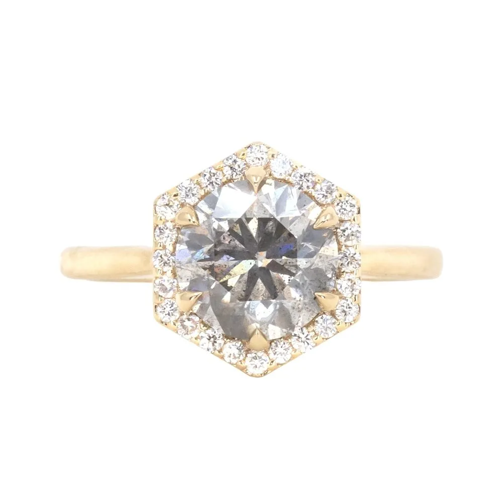 2.20ct Round Grey and White Diamond Hexagon Halo Ring in 14k Yellow Gold