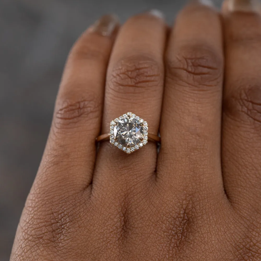 2.20ct Round Grey and White Diamond Hexagon Halo Ring in 14k Yellow Gold