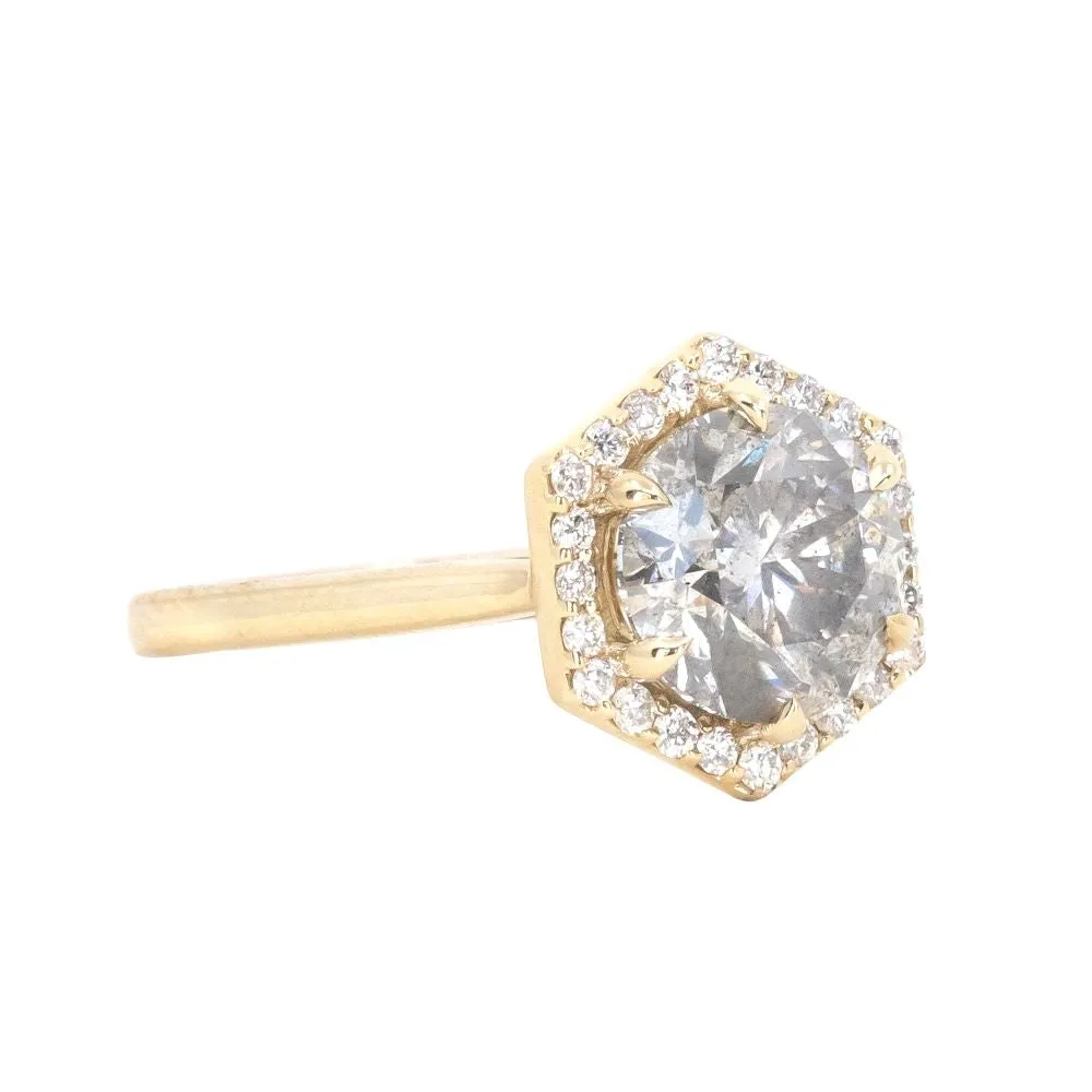 2.20ct Round Grey and White Diamond Hexagon Halo Ring in 14k Yellow Gold