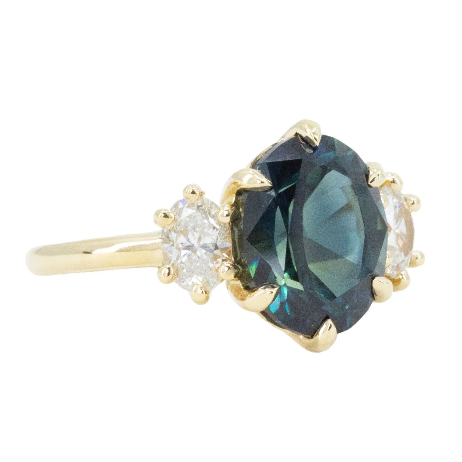 4.05ct Blue Oval Sapphire and Diamond Low Profile Antique Style Three Stone Ring in 18k Yellow Gold