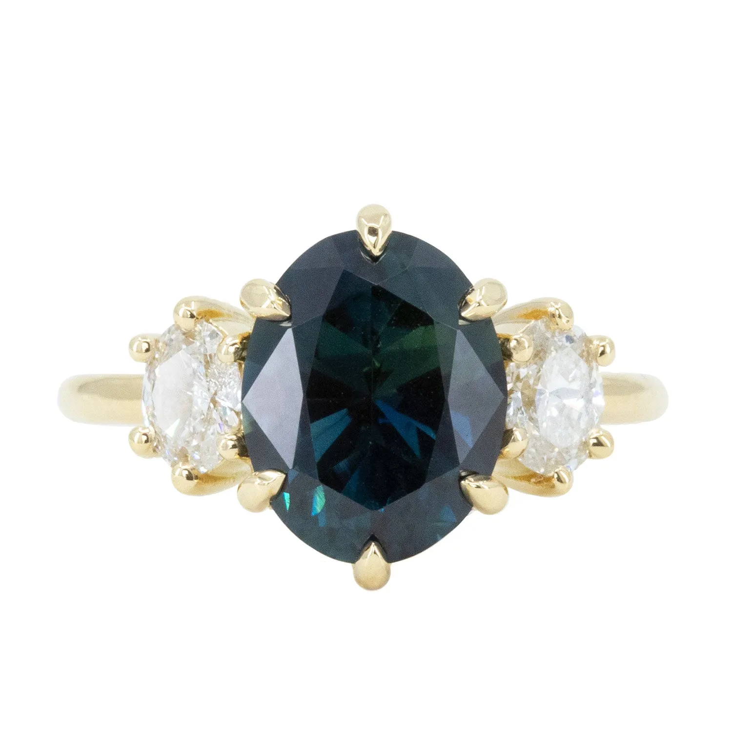 4.05ct Blue Oval Sapphire and Diamond Low Profile Antique Style Three Stone Ring in 18k Yellow Gold