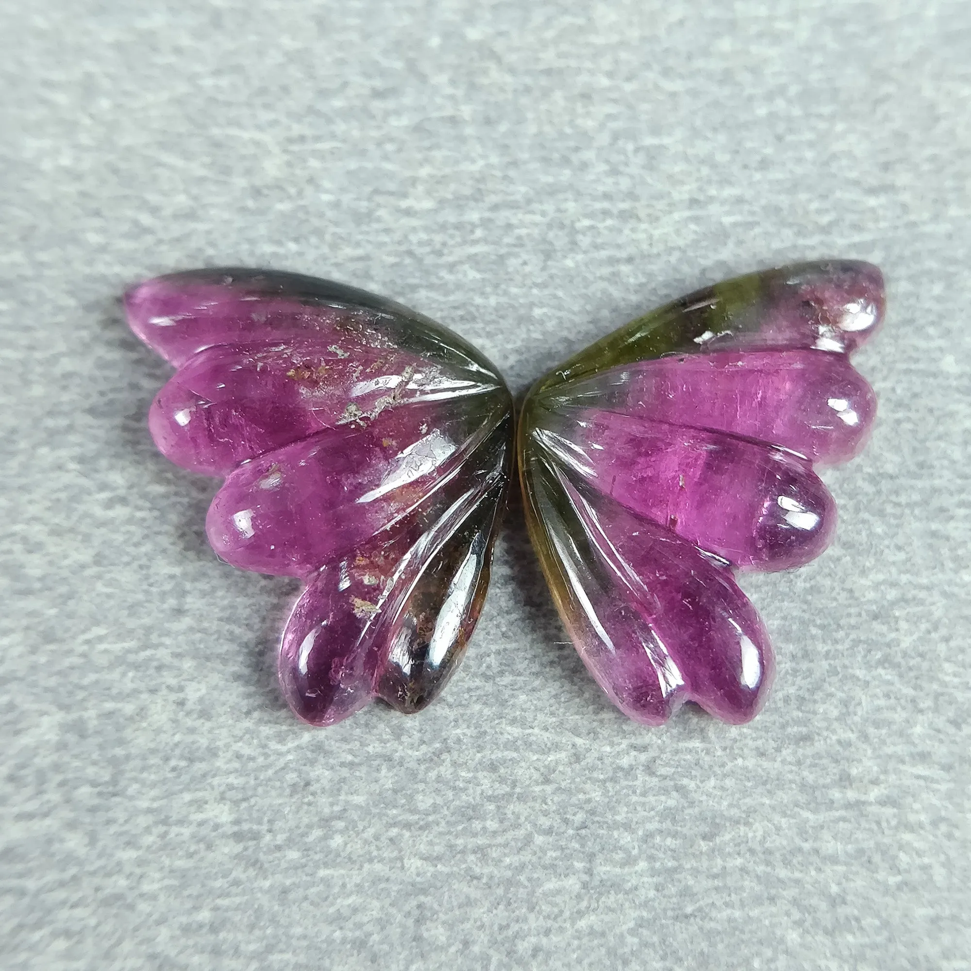 7.01cts Natural Untreated Watermelon Tourmaline Gemstone Hand Carved BUTTERFLY 15*10mm*3h Pair October Birthstone