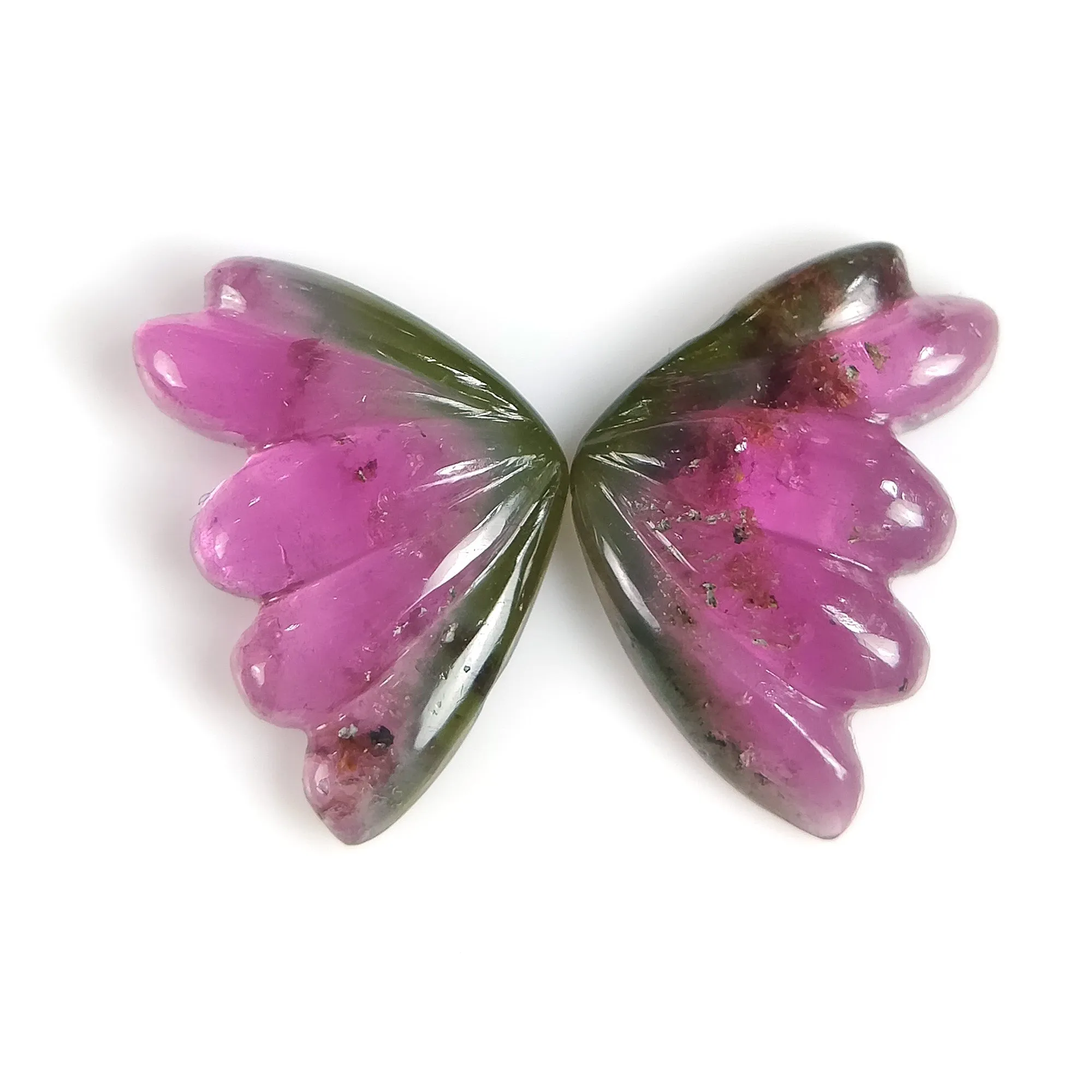 7.01cts Natural Untreated Watermelon Tourmaline Gemstone Hand Carved BUTTERFLY 15*10mm*3h Pair October Birthstone