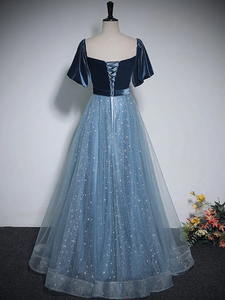 A-Line Blue Tulle Velvet Long Prom Dress, Blue Formal Dress