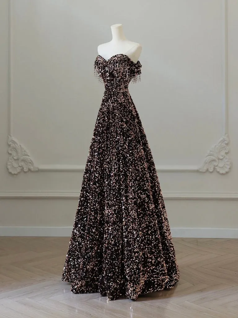 A-Line Off Shoulder Sequin Brown Long Prom Dress, Brown Long Evening Dress