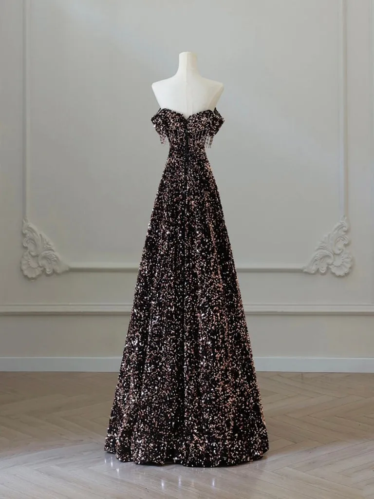 A-Line Off Shoulder Sequin Brown Long Prom Dress, Brown Long Evening Dress