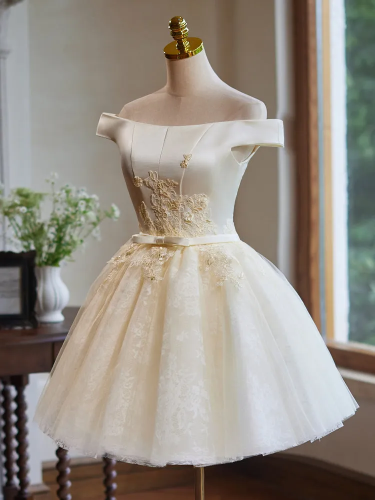 A-Line Off Shoulder Tulle Lace Short Champagne Prom Dress, Champagne Homecoming Dress