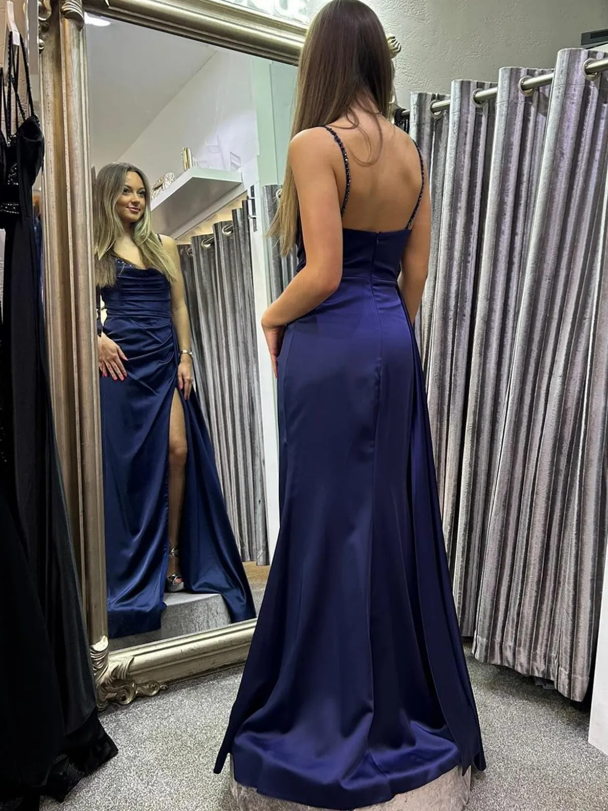 A Line Open Back Navy Blue Satin Long Prom Dresses with High Slit, Long Navy Blue Formal Graduation Evening Dresses SP2983