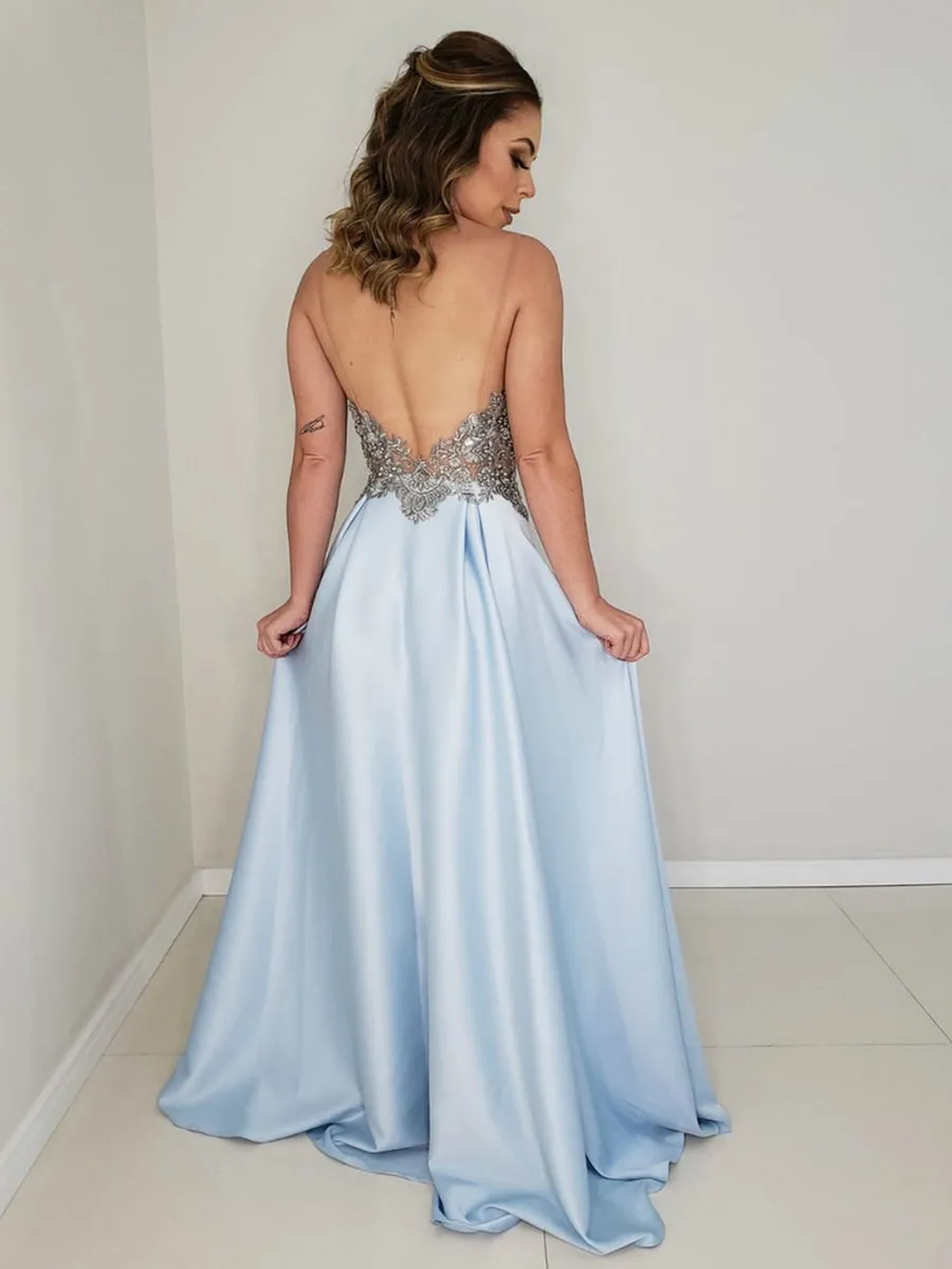 A Line V Neck Backless Lace Appliques Red/Light Blue Prom Dresses with Slit, Lace Backless Red/Light Blue Formal Dresses, Lace Evening Dresses