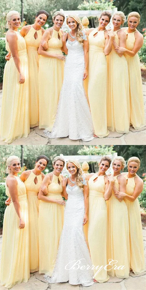 A-line Yellow Chiffon Long Simple Bridesmaid Dresses