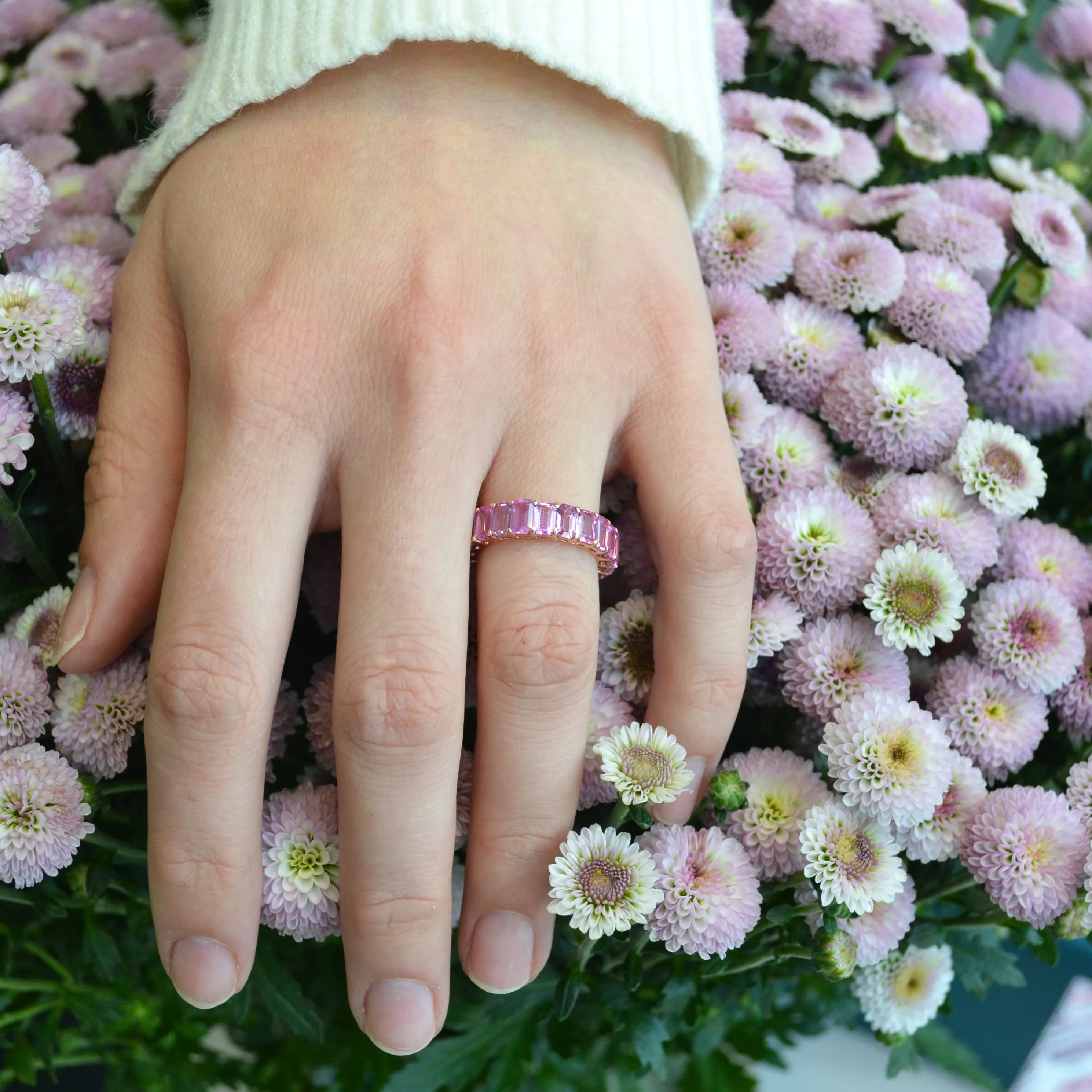 AF Jewelers Eternity Band Ring with Emerald-cut Pink Sapphires, 18k Rose Gold