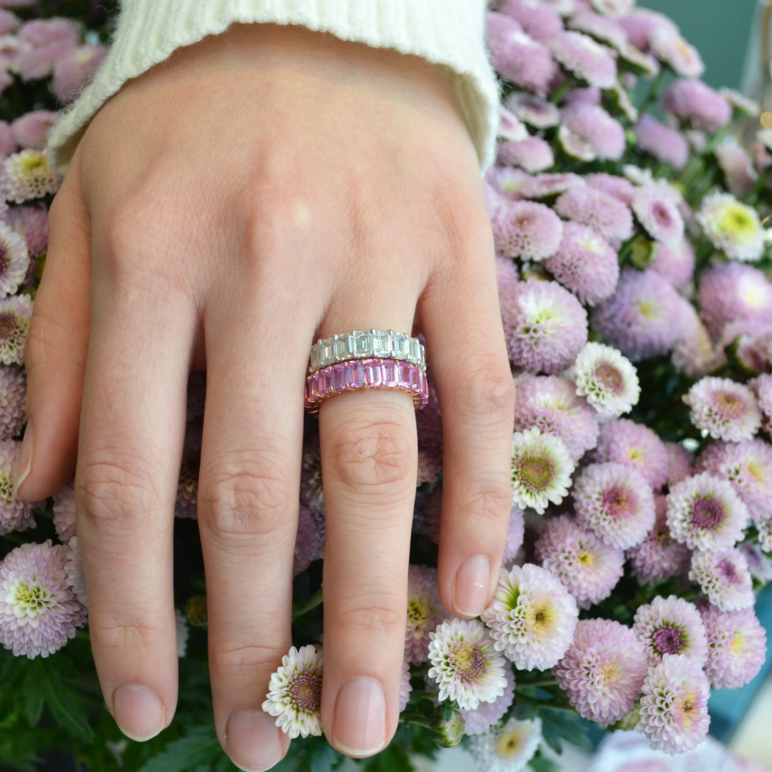 AF Jewelers Eternity Band Ring with Emerald-cut Pink Sapphires, 18k Rose Gold