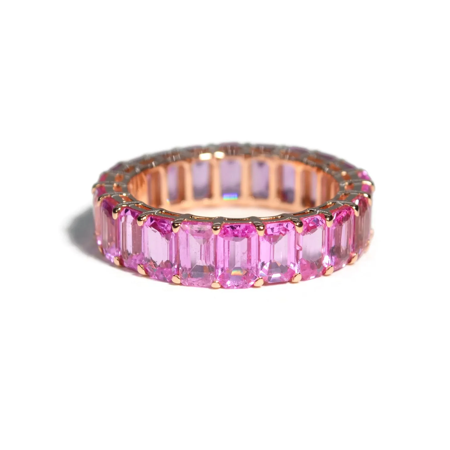 AF Jewelers Eternity Band Ring with Emerald-cut Pink Sapphires, 18k Rose Gold