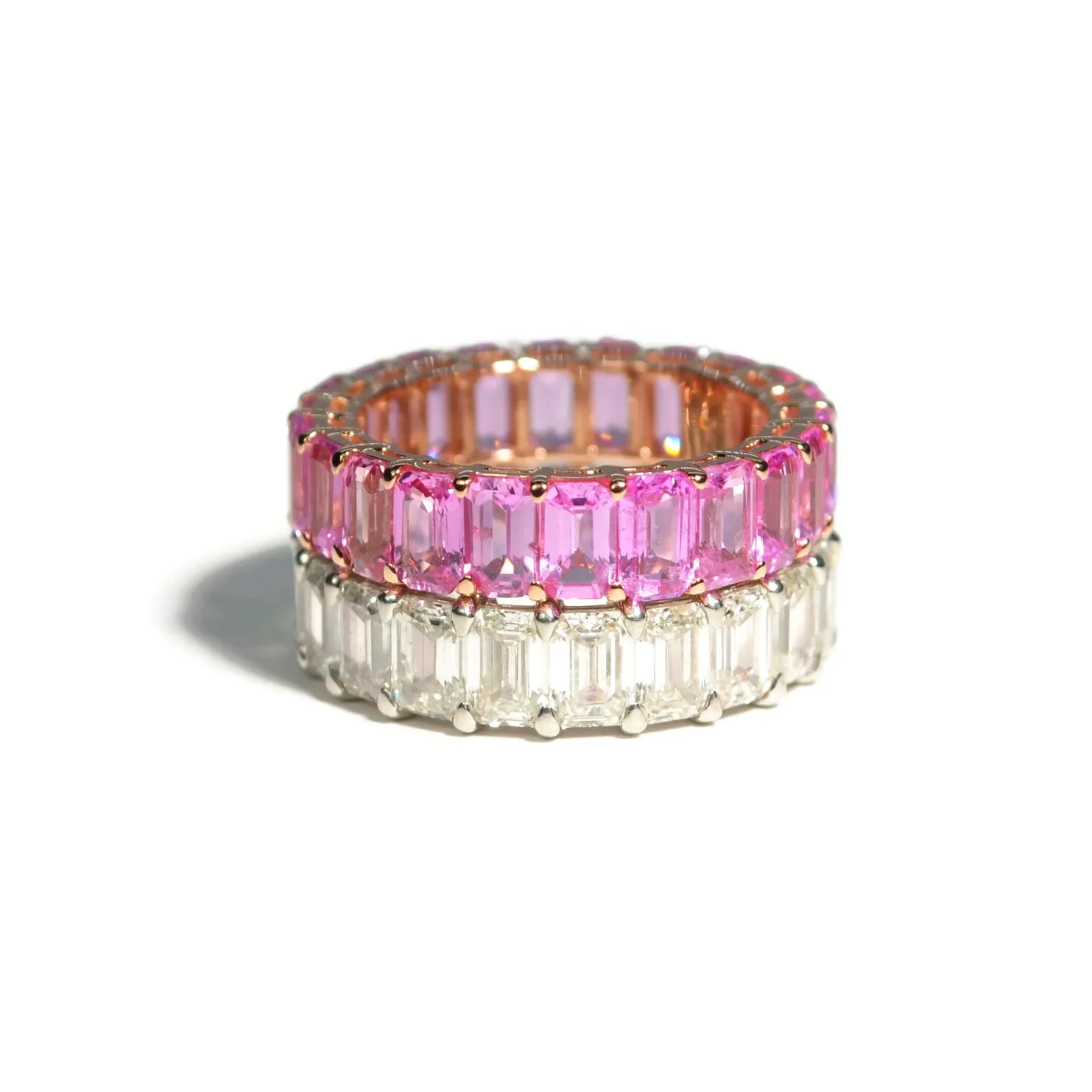 AF Jewelers Eternity Band Ring with Emerald-cut Pink Sapphires, 18k Rose Gold