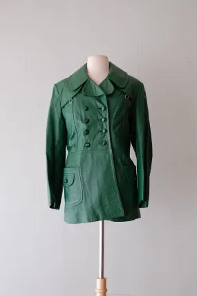 Amazing 1970's Dark Green Leather Jacket / Sz M