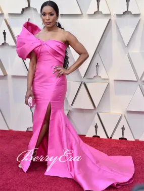 Angela Bassett Oscar Carpet Hop Pink Satin Prom Dresses, Newest Celebrity Dresses