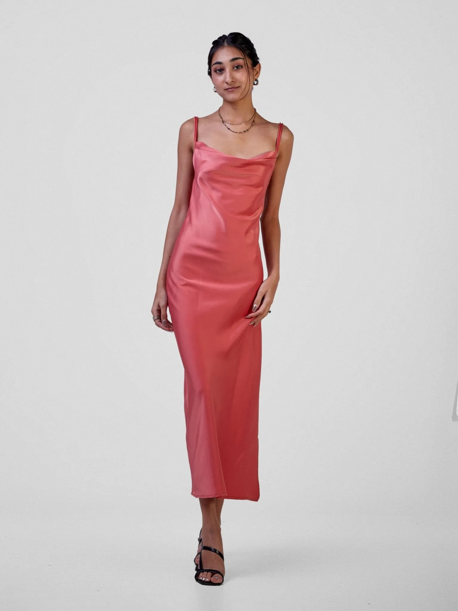 Anika Long Satin Double Strap Dress - Blush Pink