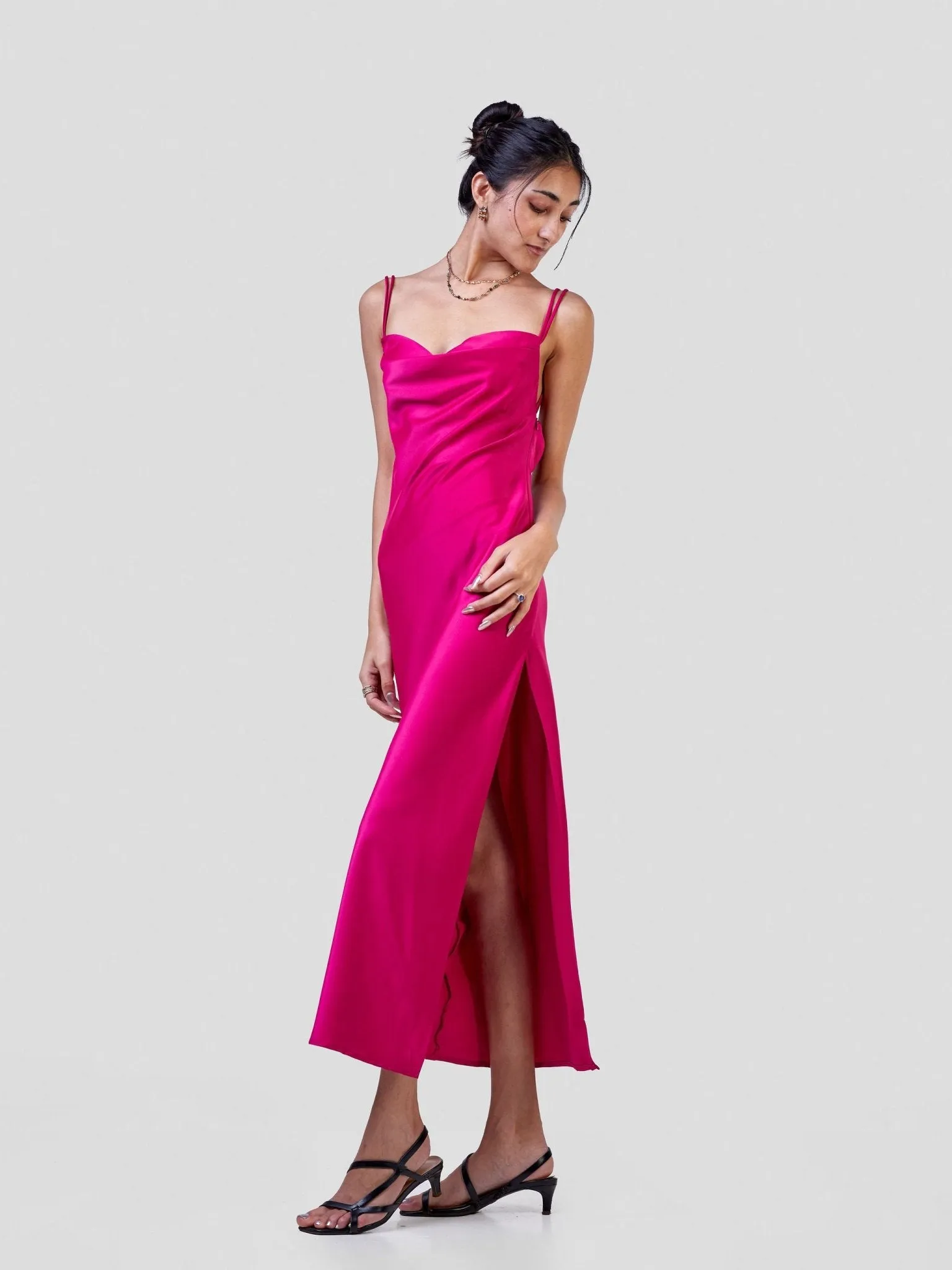 Anika Long Satin Double Strap Dress - Hot Pink