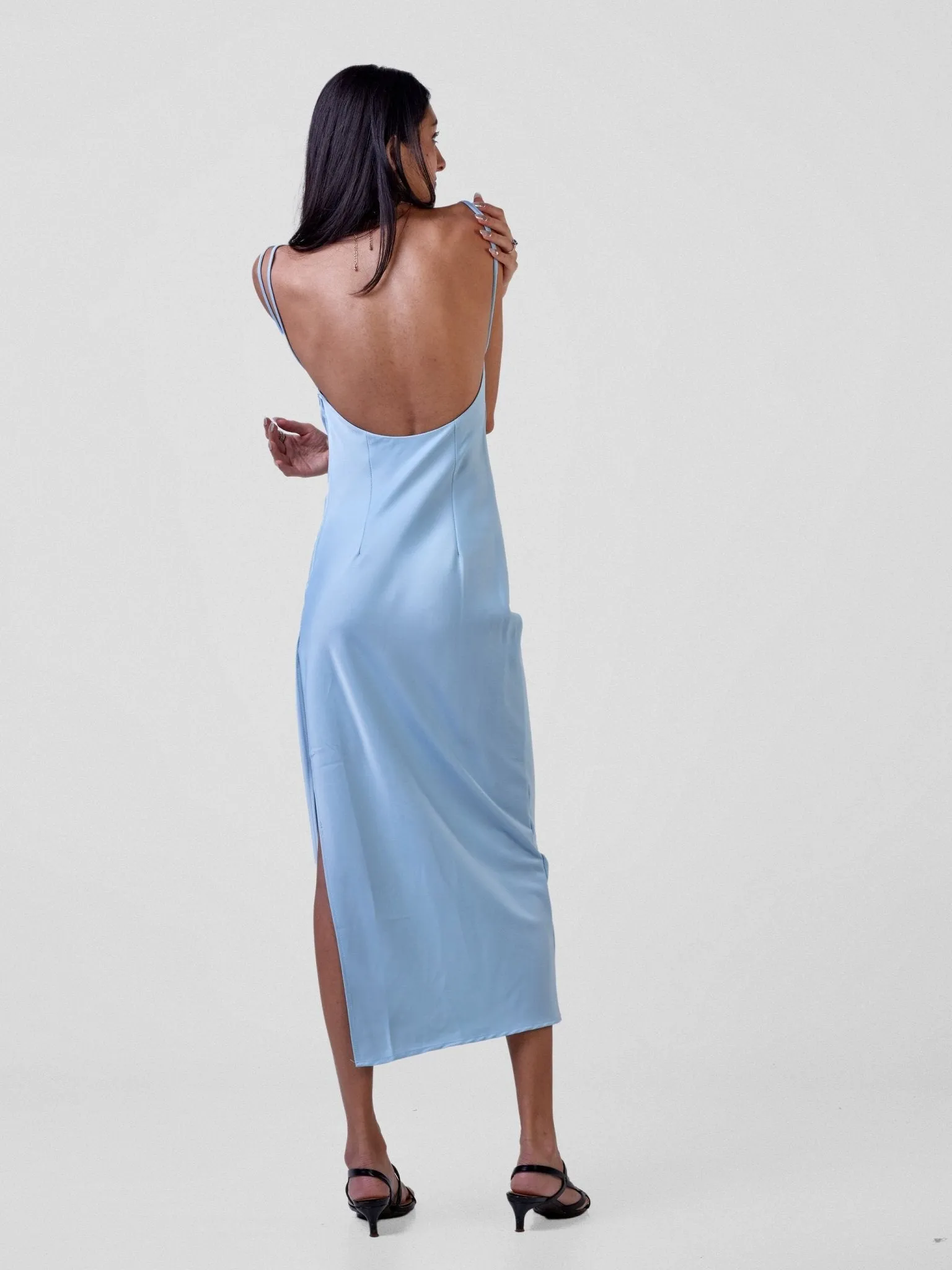 Anika Long Satin Double Strap Dress - Light Blue