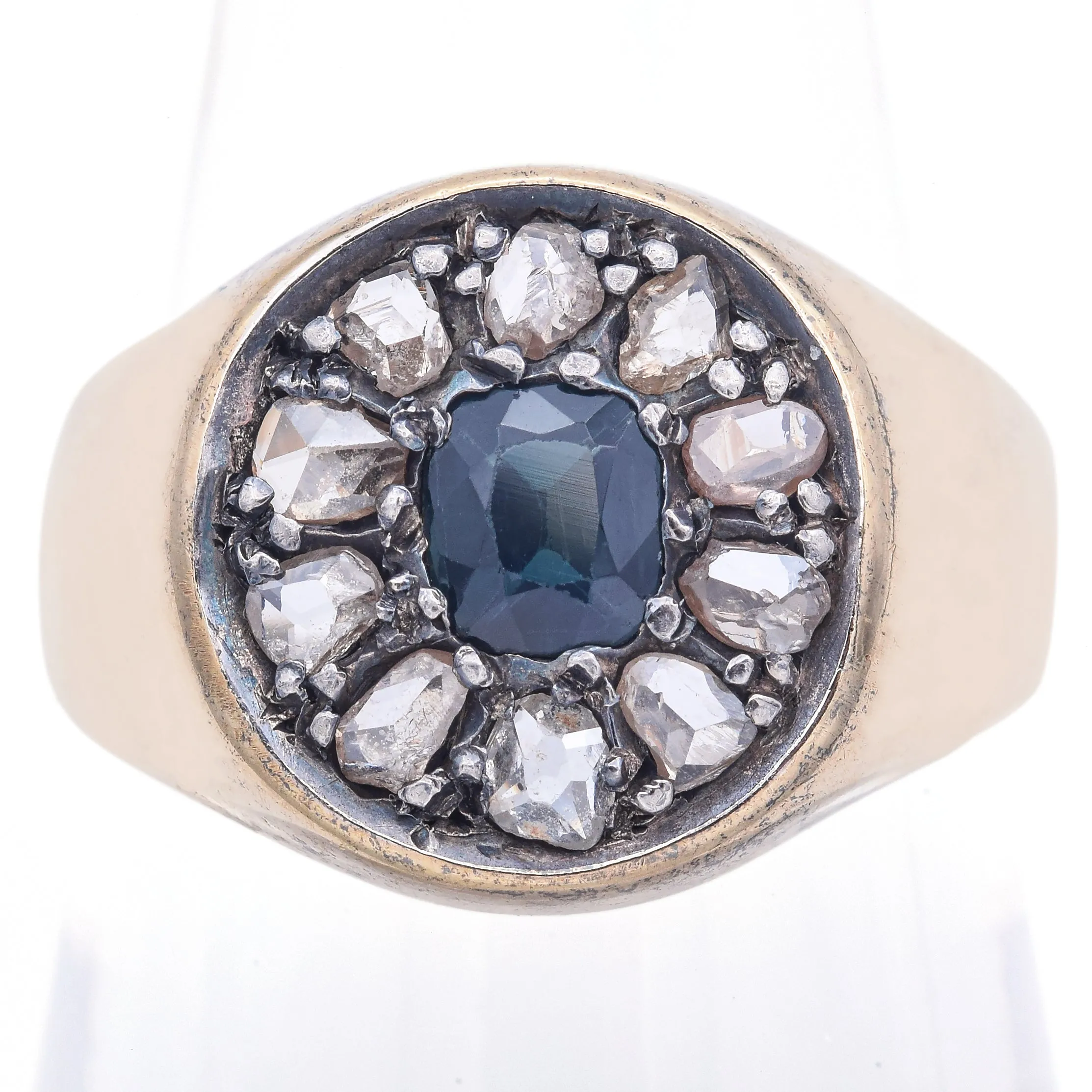 Antique 14K Yellow Gold Sapphire & 1.00 TCW Rose Cut Diamond Signet Ring Size8