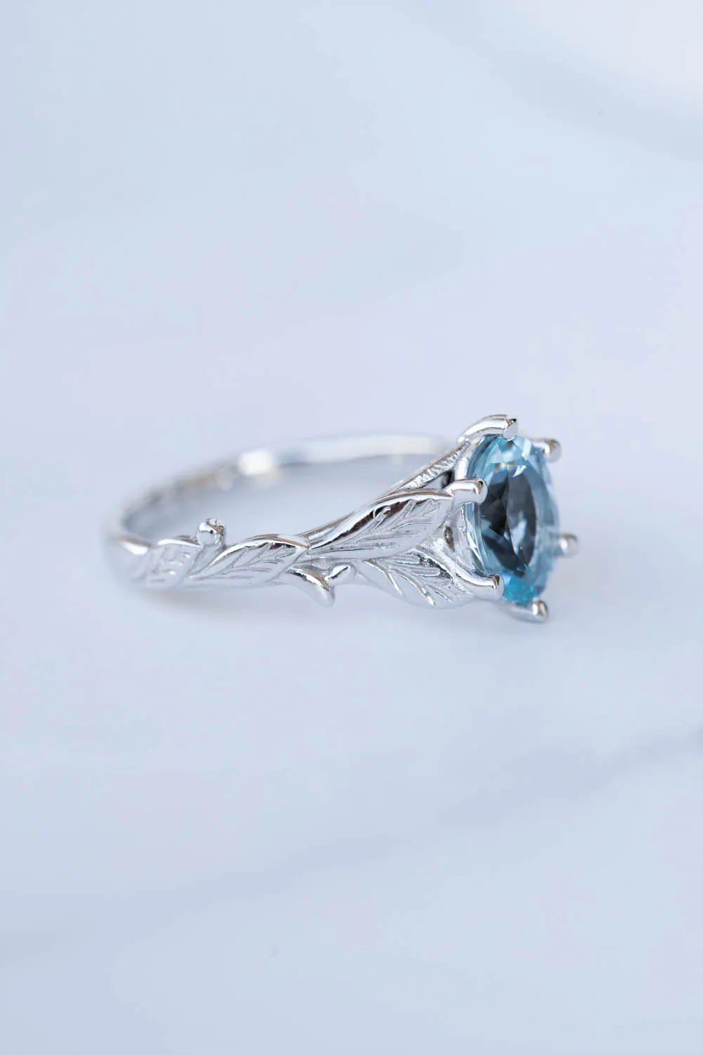 Aquamarine gold engagement ring, white gold leaves promise ring / Freesia