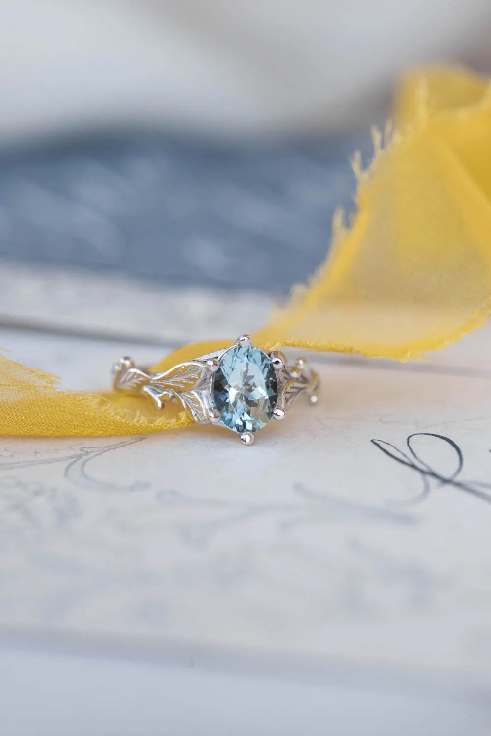 Aquamarine gold engagement ring, white gold leaves promise ring / Freesia