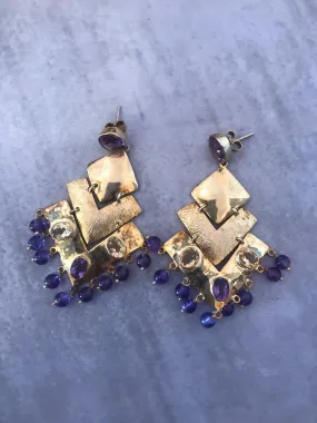 Aretes Dorados Con Flecos De Piedra Azul