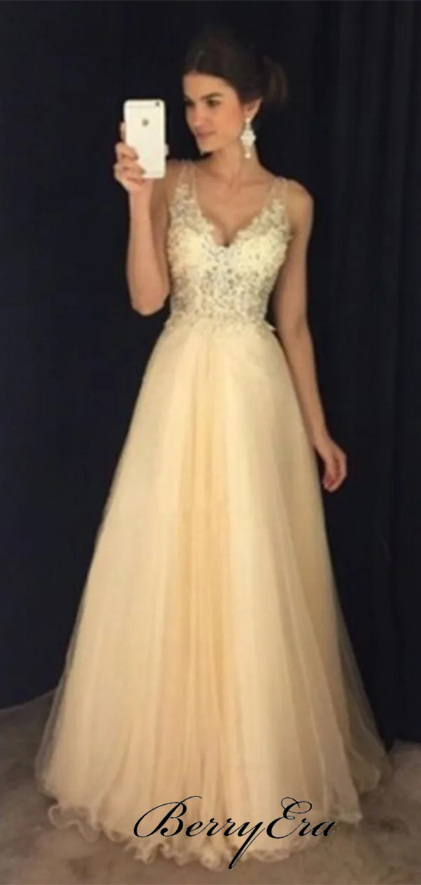 Beaded Rhinestones Tulle Prom Dresses, Fancy Long Prom Dresses, Lace Appliques Prom Dresses