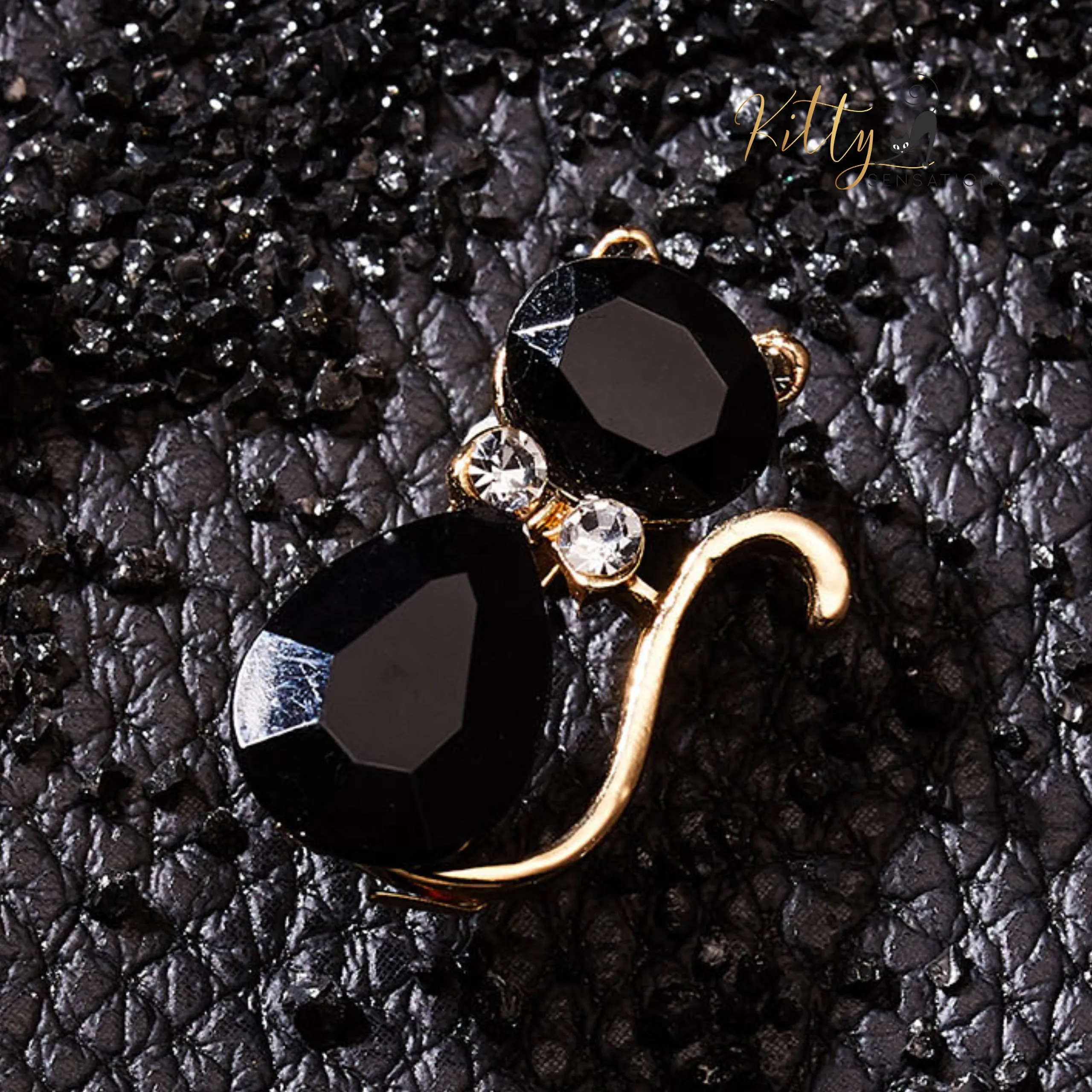 Black Crystal and CZ Cat Brooch