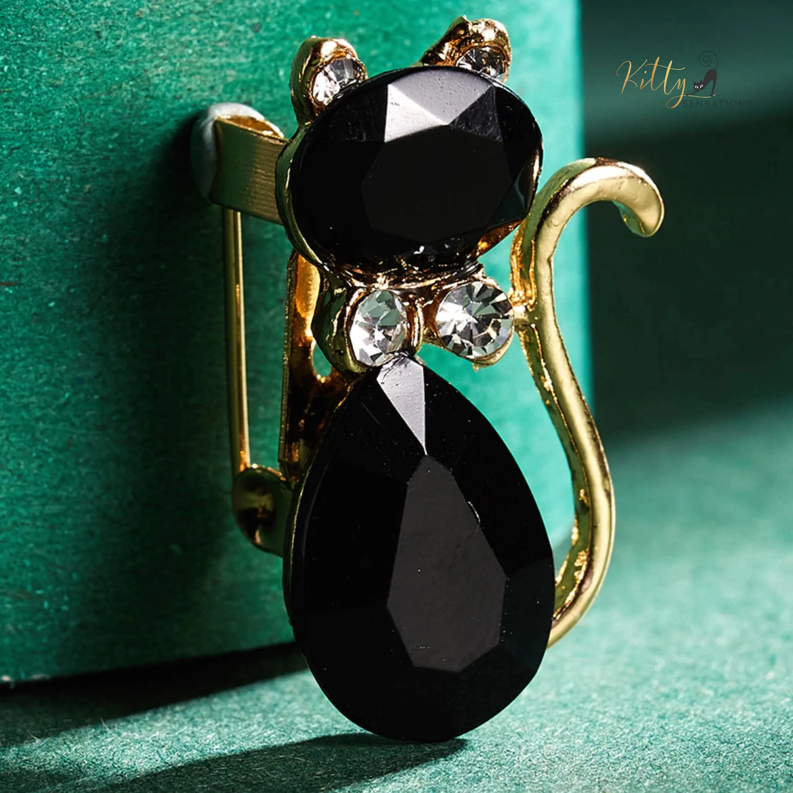 Black Crystal and CZ Cat Brooch