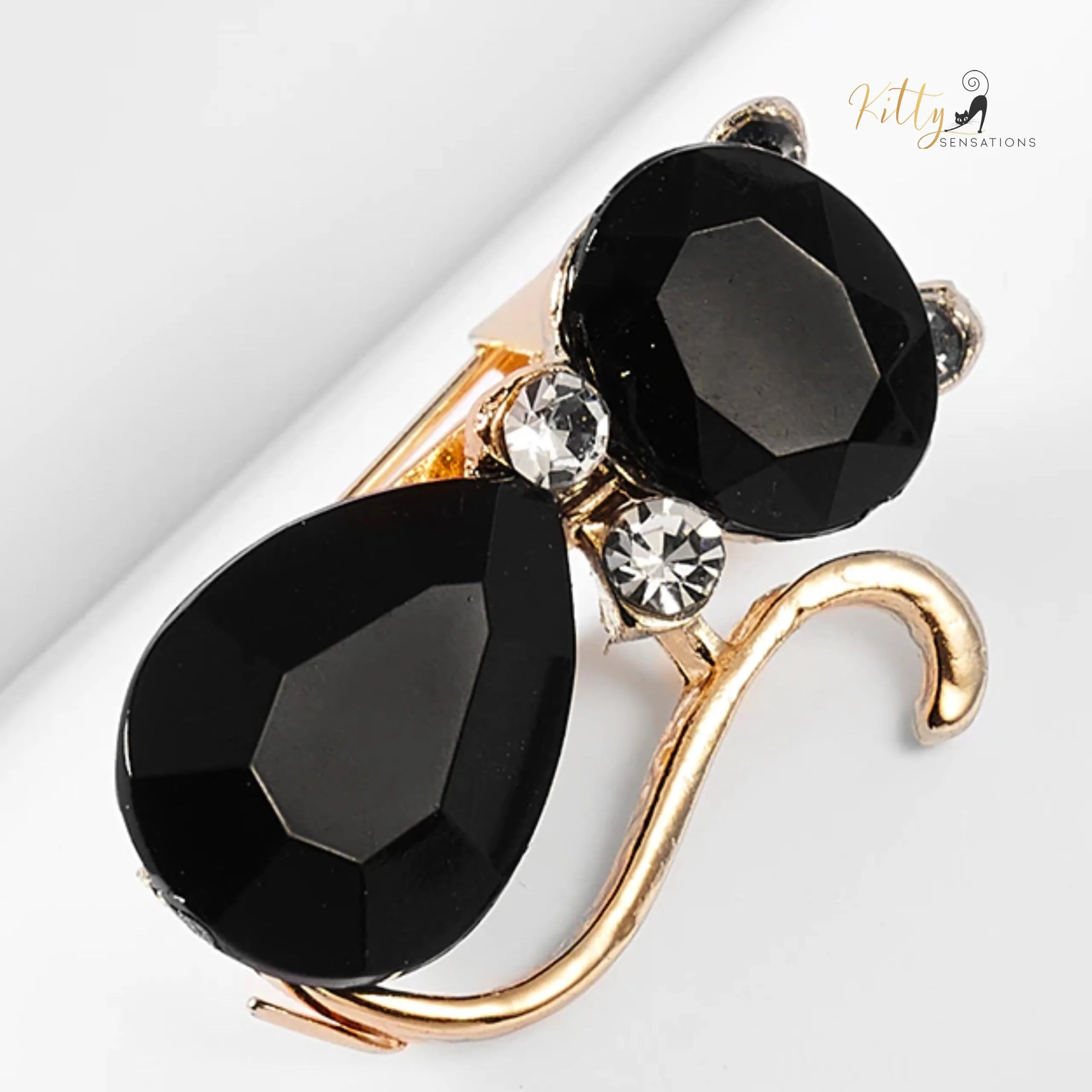 Black Crystal and CZ Cat Brooch