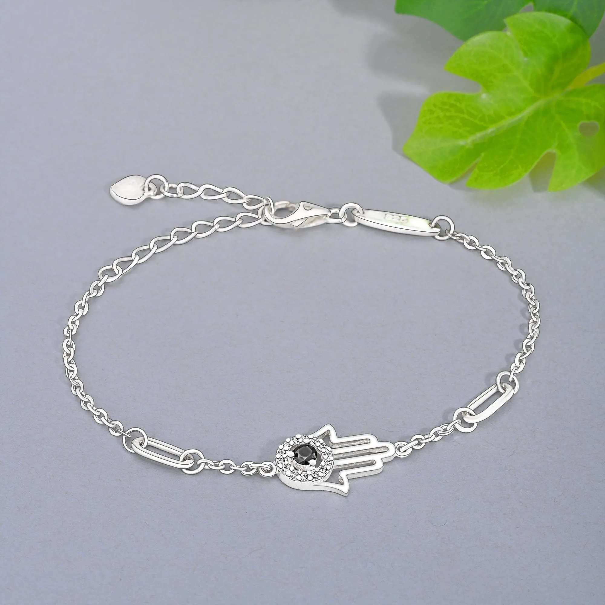 Black CZ Evil Eye Bracelet in Sterling Silver Hamsa Hand