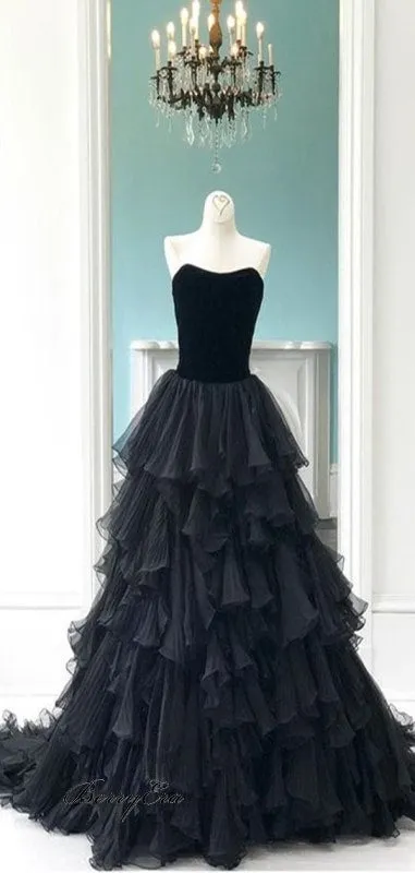 Black Fluffy A-Line Prom Dresses, Fancy Long Prom Dresses, Beauty Evening Party Dresses