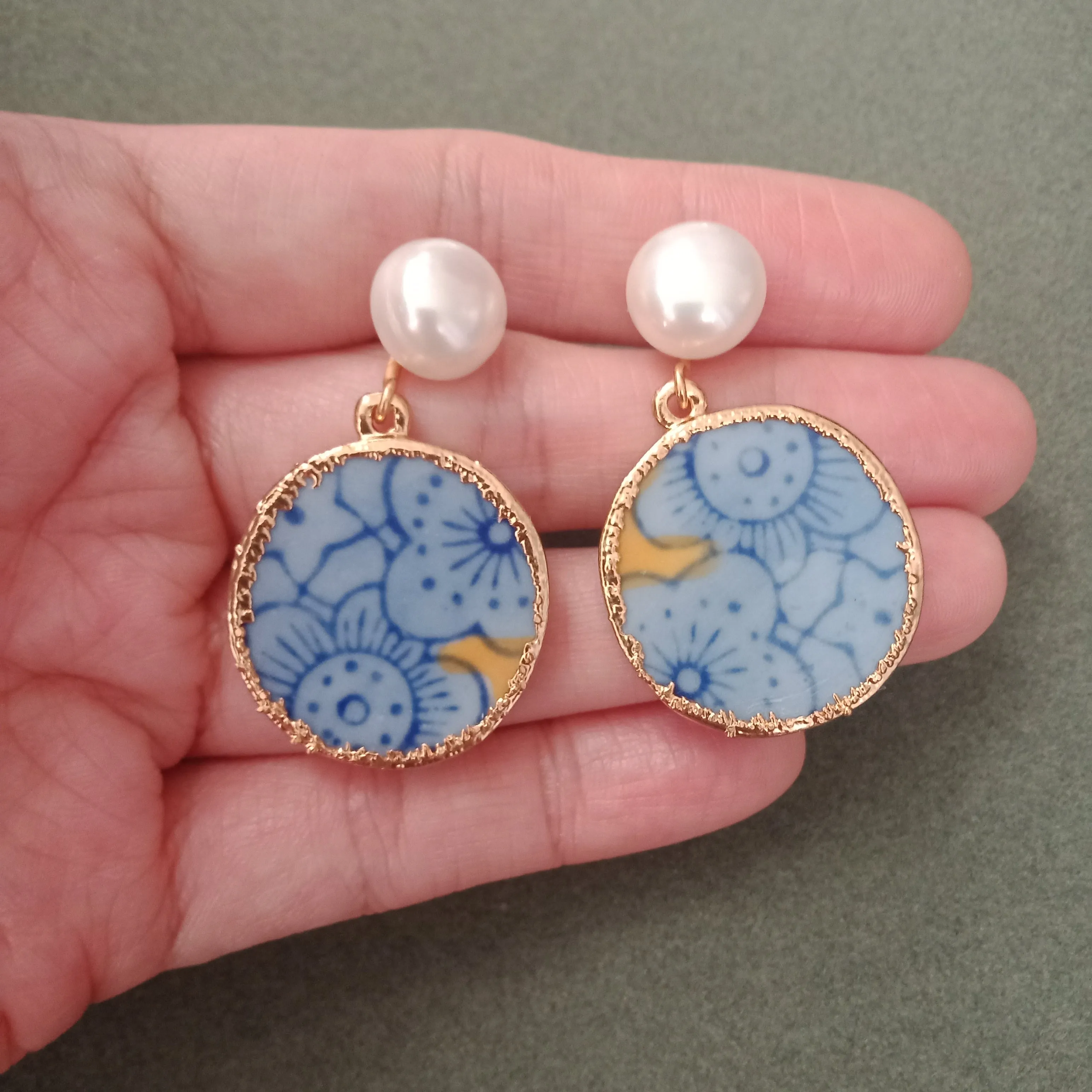 Blue and yellow blossoms porcelain earrings