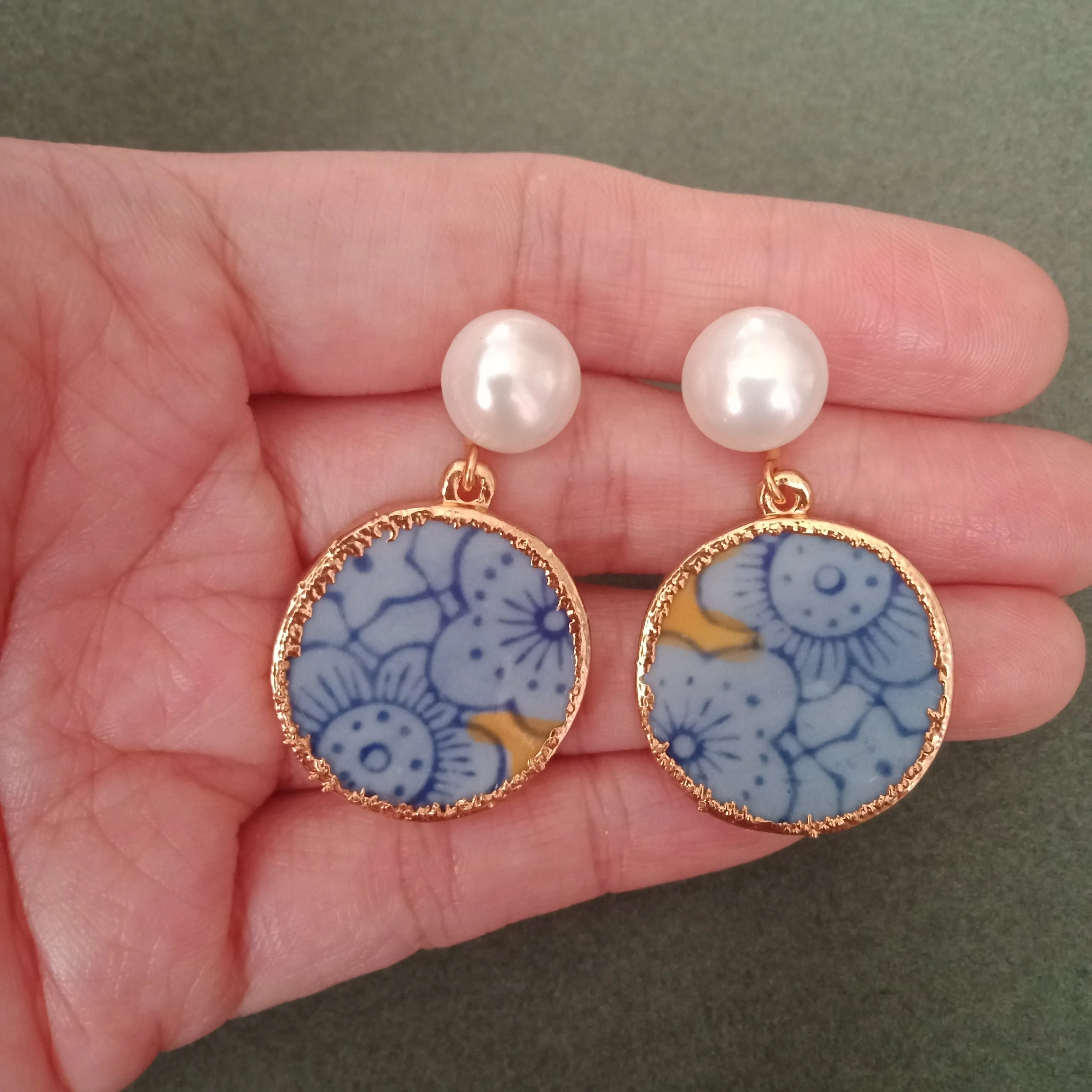 Blue and yellow blossoms porcelain earrings