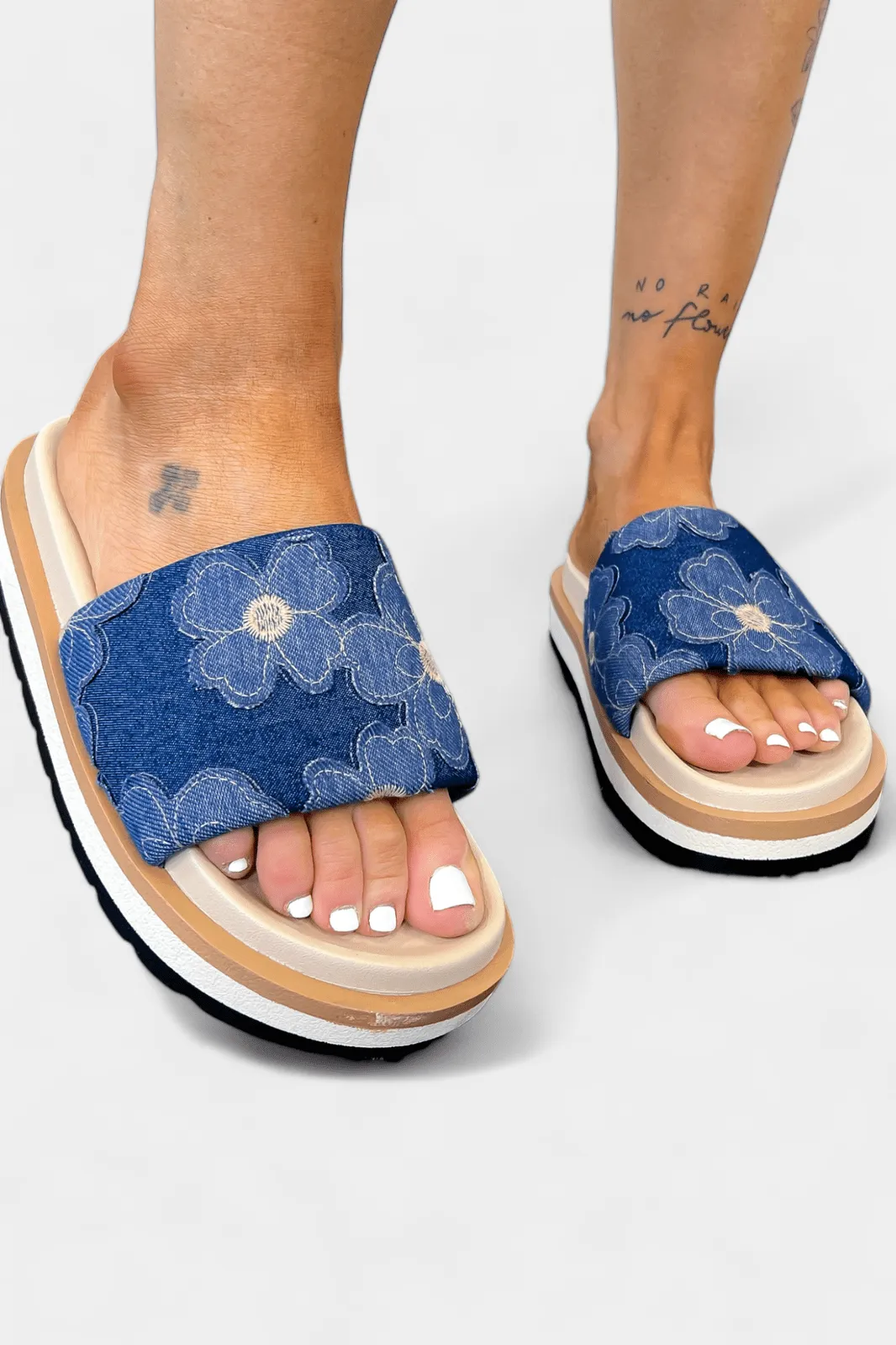 Blue Denim Slip On Platform Sandals