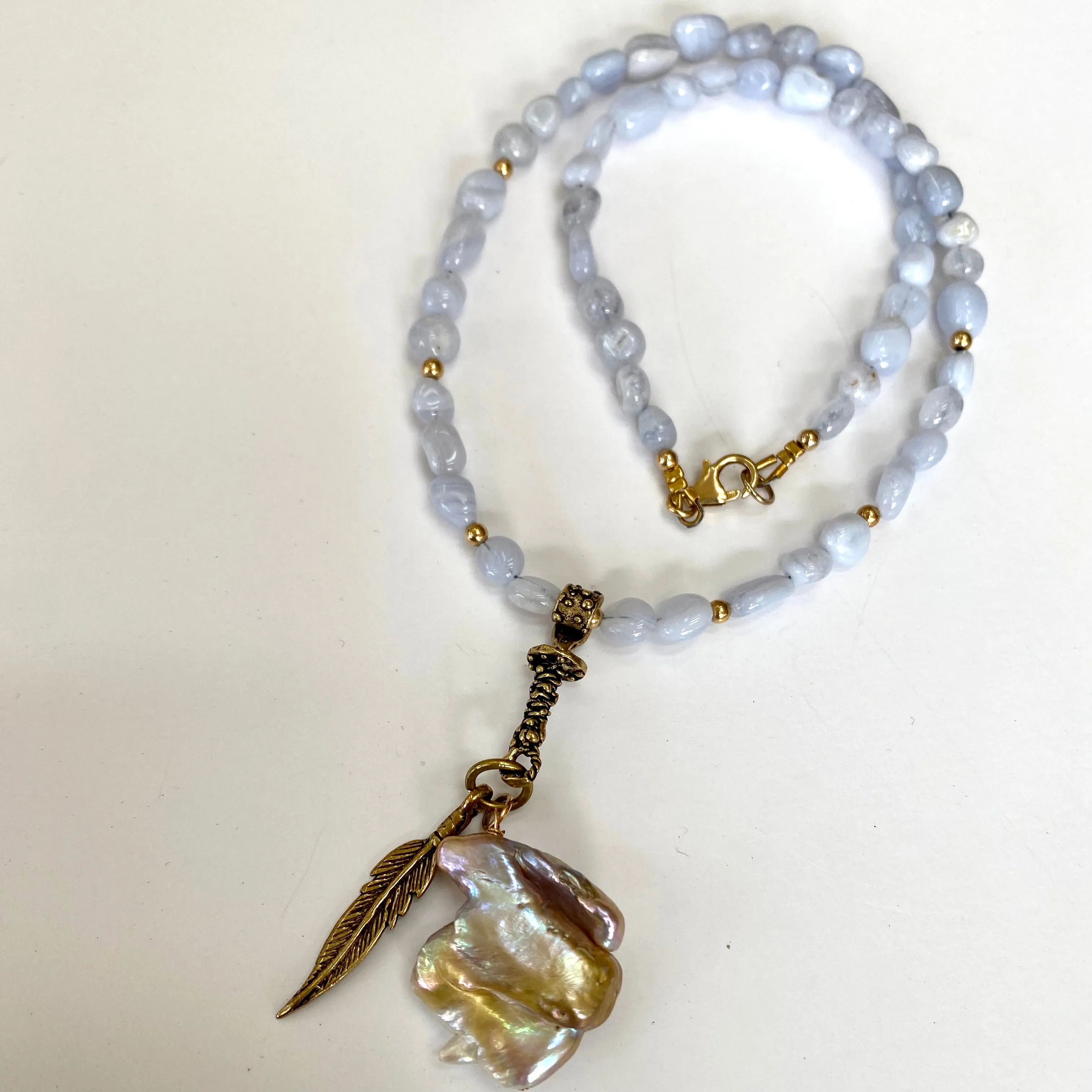 Blue Lace Agate and Baroque Keshi Pearl Pendant with Artisan Gold Bronze