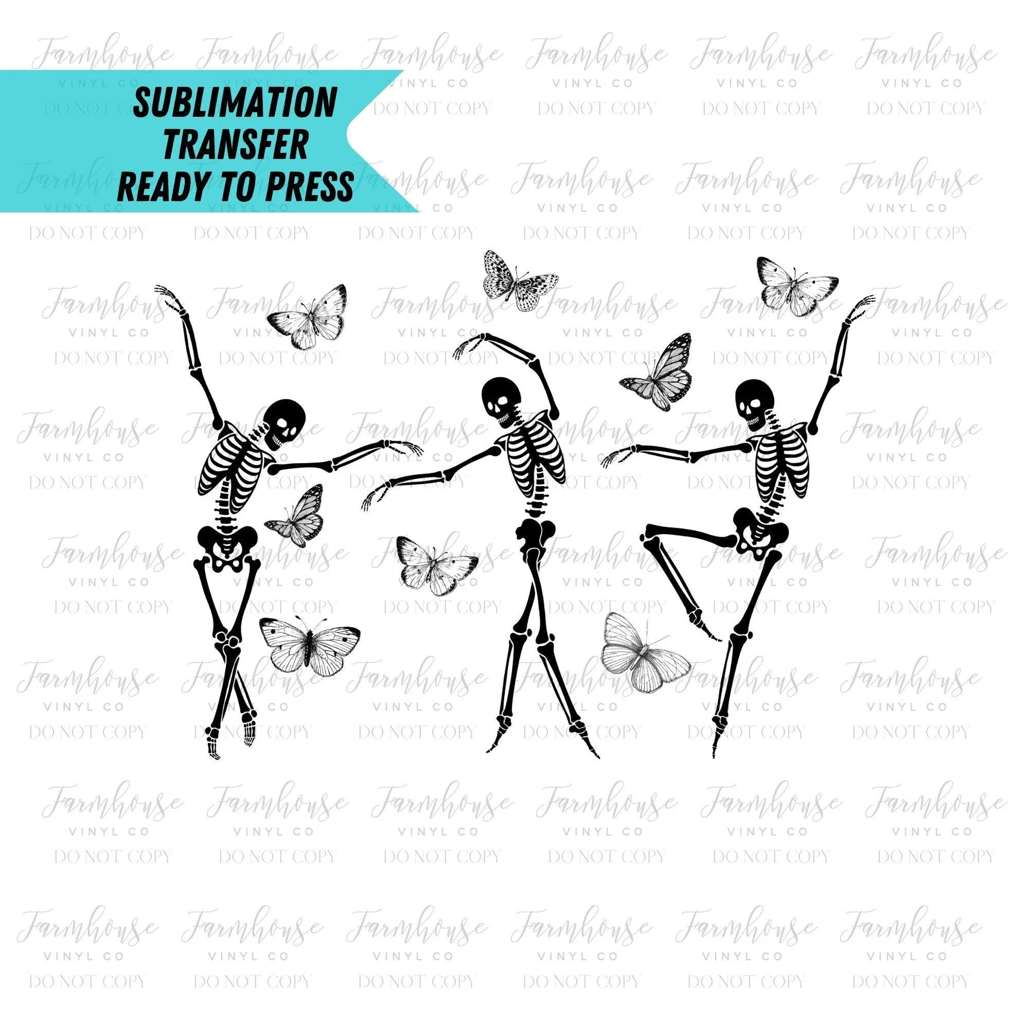 Boho Vintage Dancing Skeletons, Halloween Sublimation Transfer, Butterflies & Skeletons, Sublimation Transfer Ready Press, Fall Transfer