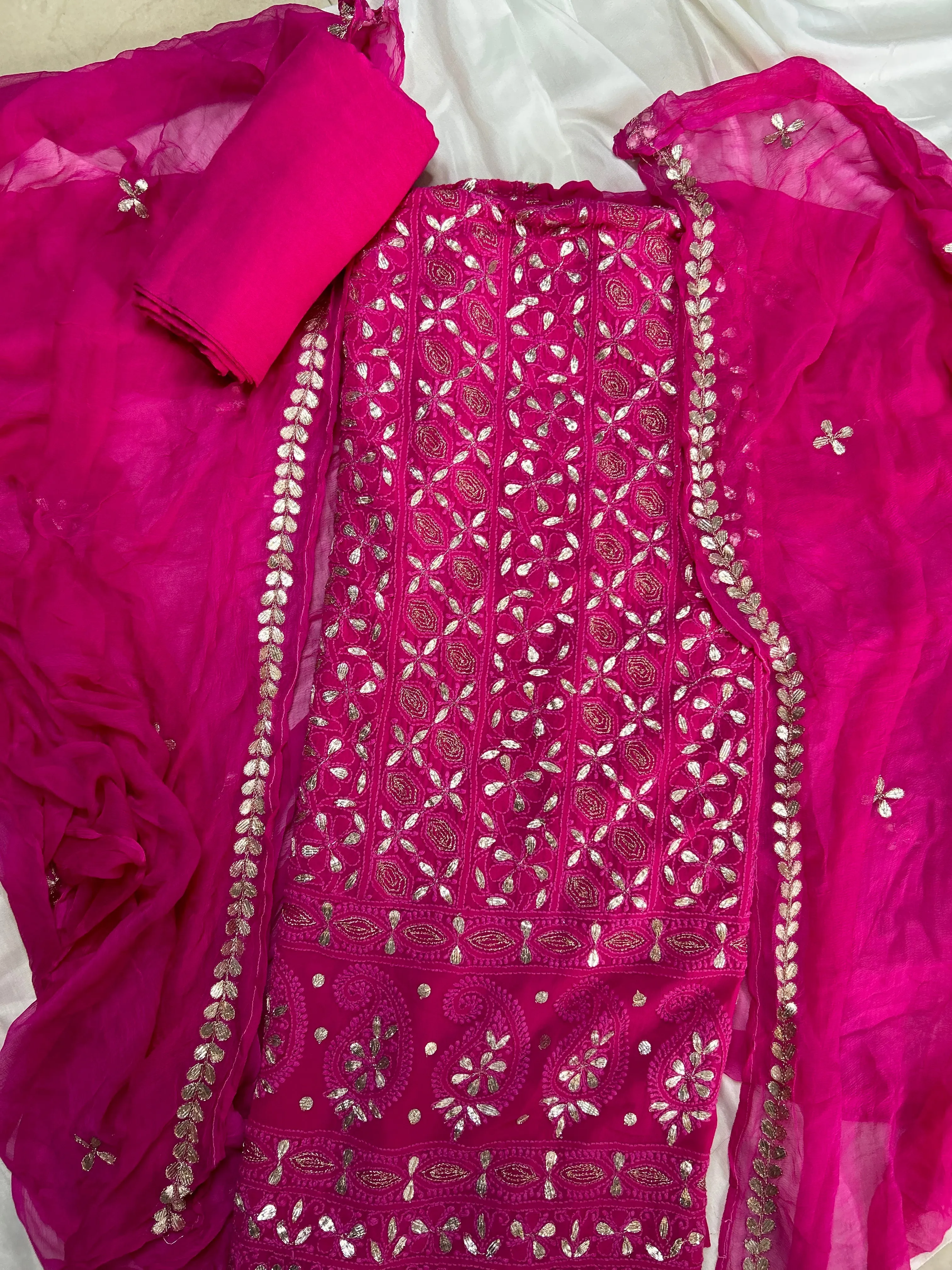 Bold Pink unique Chikankari work gota embroidery salwar kameez unstitched