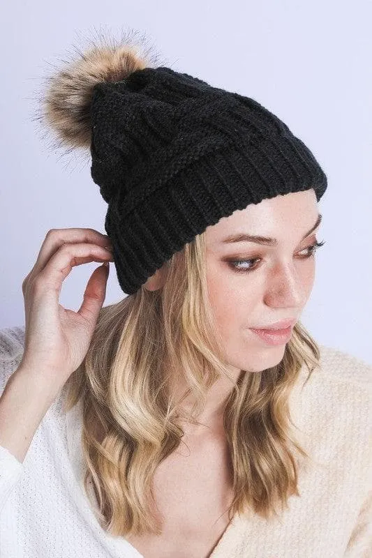 Braided Knitted Fur Pom Pom Beanie