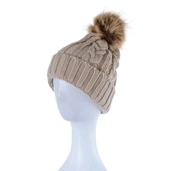 Braided Knitted Fur Pom Pom Beanie