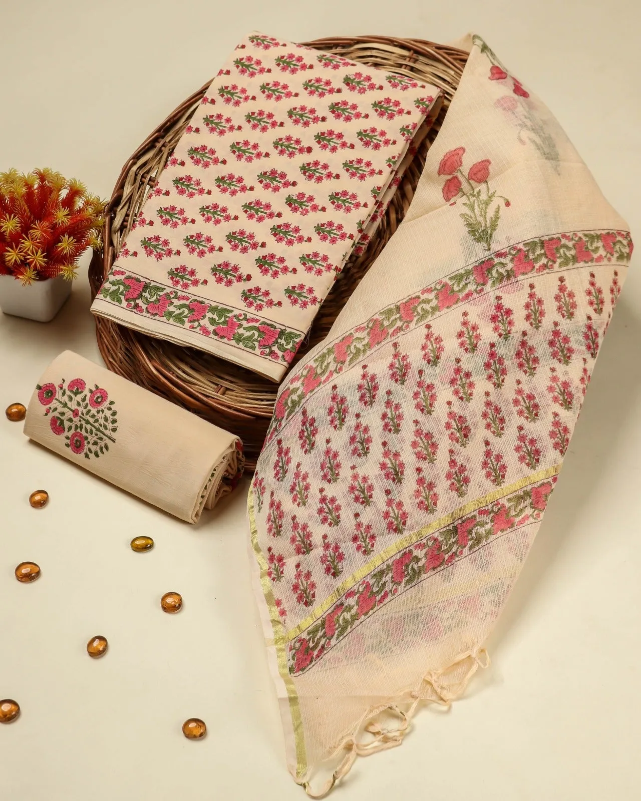 Buti Print Cotton Suit Set with Kota Doria Dupatta (3CKD701)