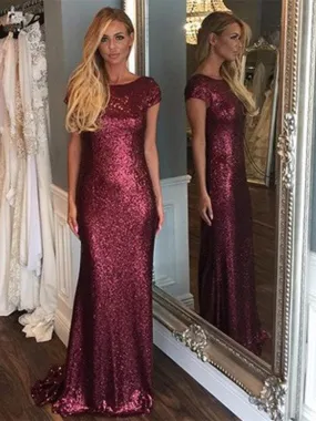 Cap Sleeve Long Sheath Sequin Bridesmaid Dresses, Wedding Part Dresses