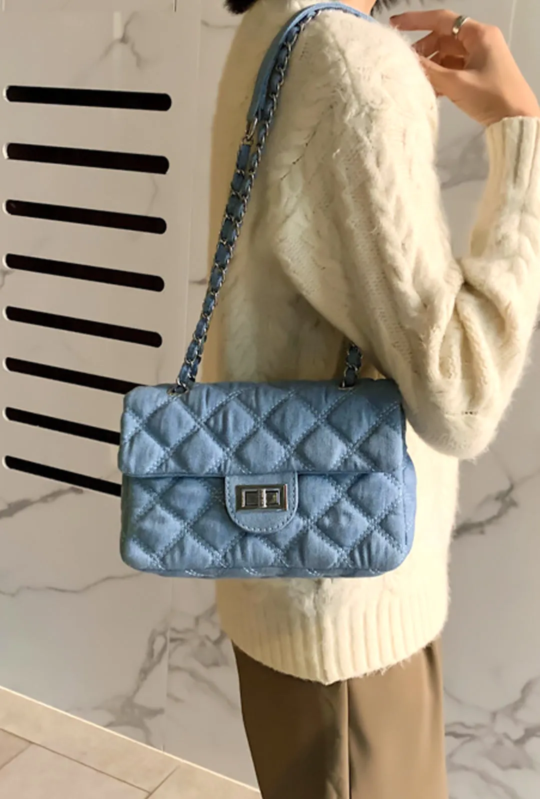 CHANIQUE - DENIM QUILT SHOULDER BAG