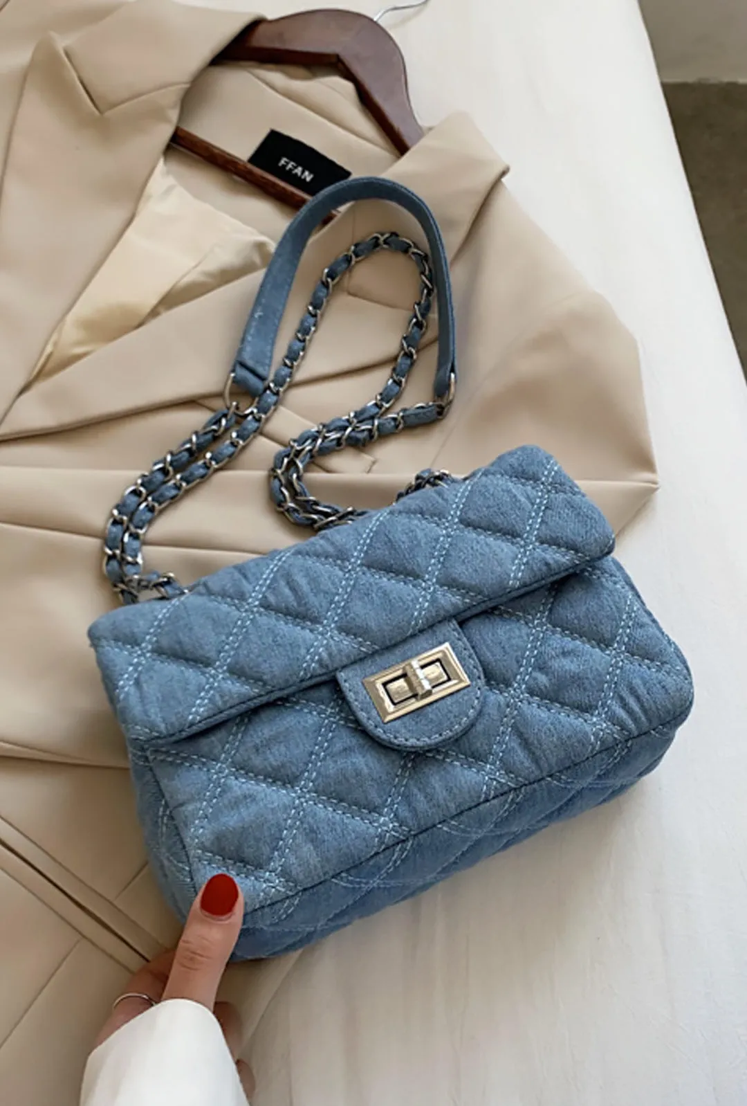 CHANIQUE - DENIM QUILT SHOULDER BAG