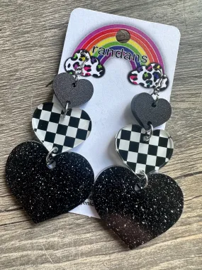 “Checkmate” White, Check   Black Stacked Hearts Sparkly Glitter Handcrafted Resin Earrings