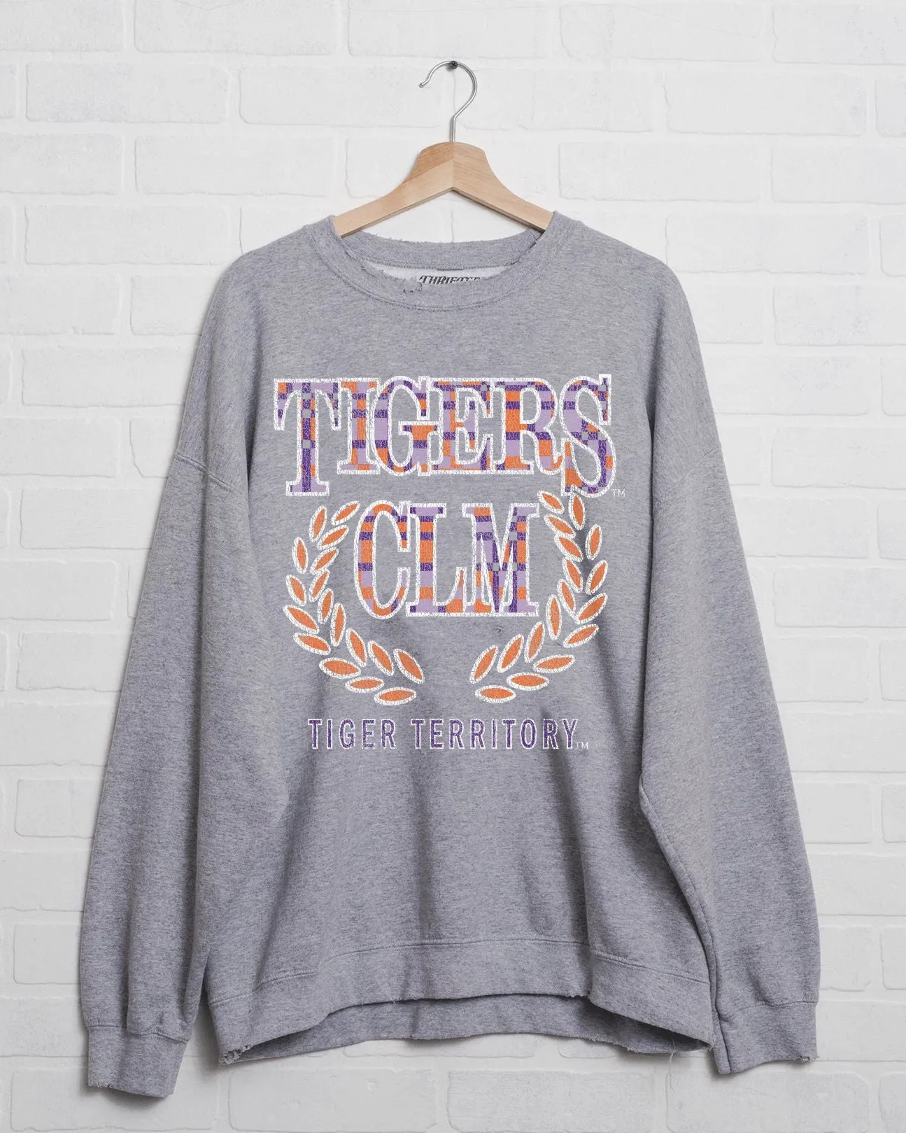 Clemson Tigers Plaid Crest Gray Thrifted Sweatshirt