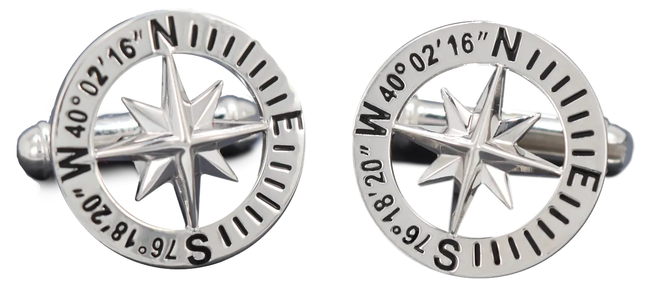 Compass Rose Custom Coordinates Sterling Silver Cufflinks