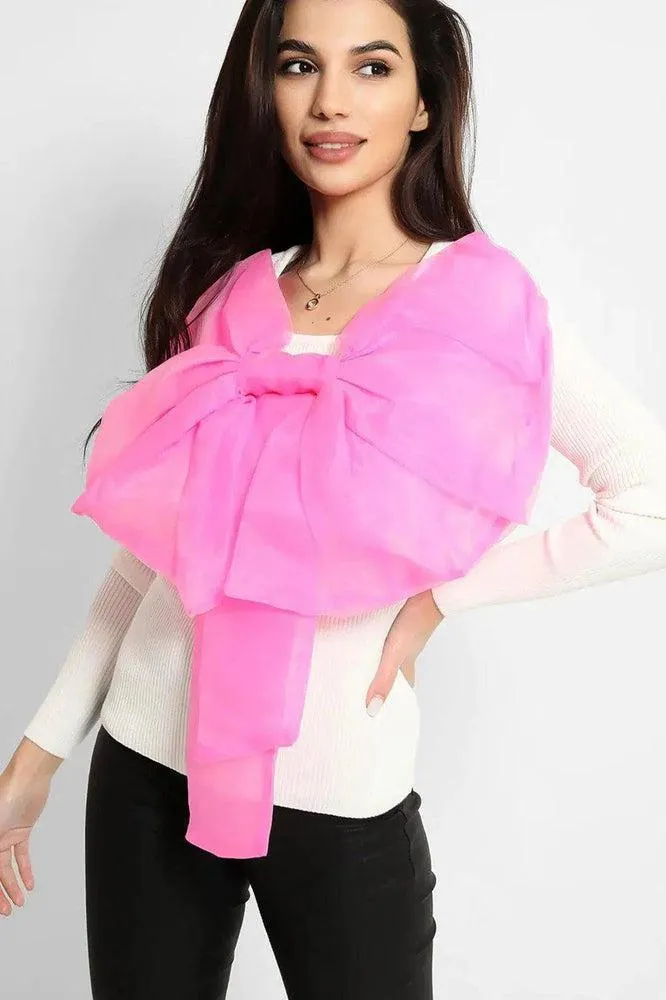 Cream Pink Large Organza Bow Rib Knit Pullover