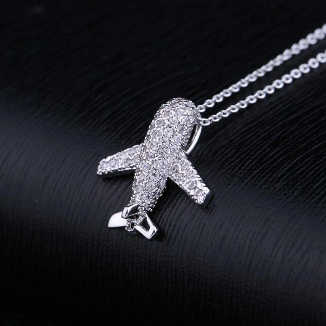 CZ Aircraft Airplane Crystal Pendant Necklace